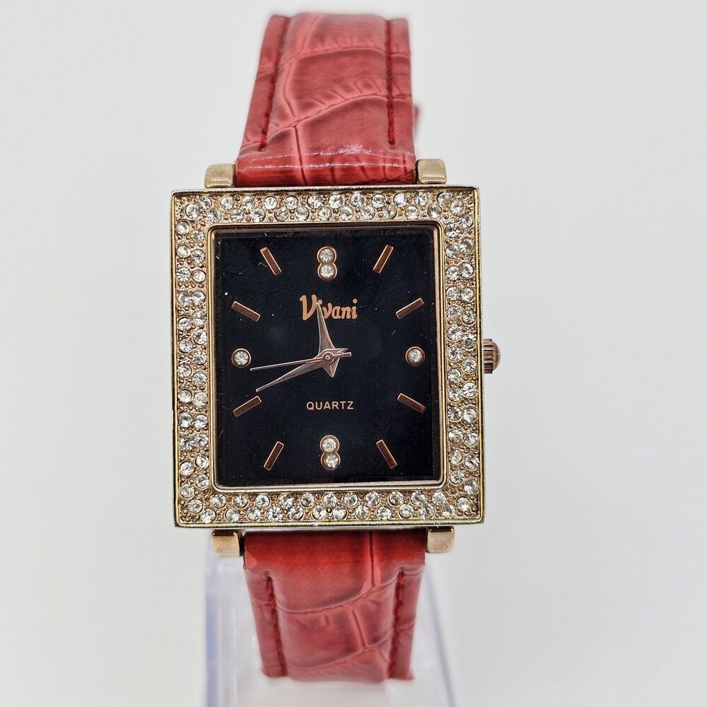 Vivani Women's Watch 30MM Black Dial Red Faux Leather Bands New Battery